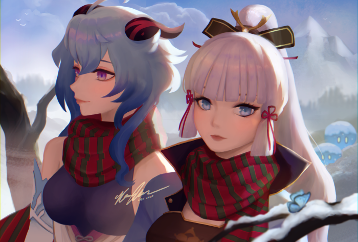 Kamisato Ayaka and Ganyu from Genshin Impact in winter