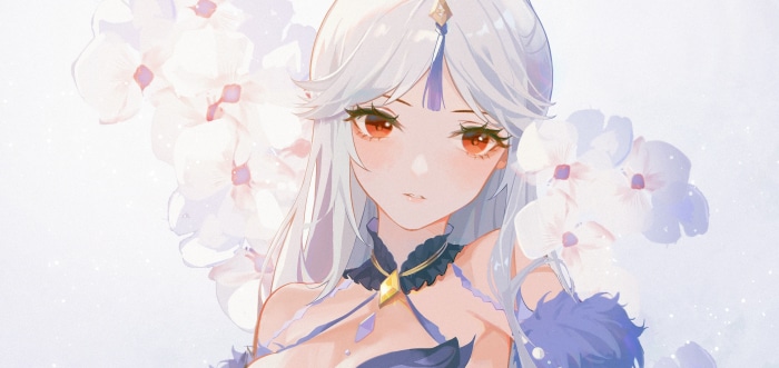 Ningguang from Genshin Impact with white flowers