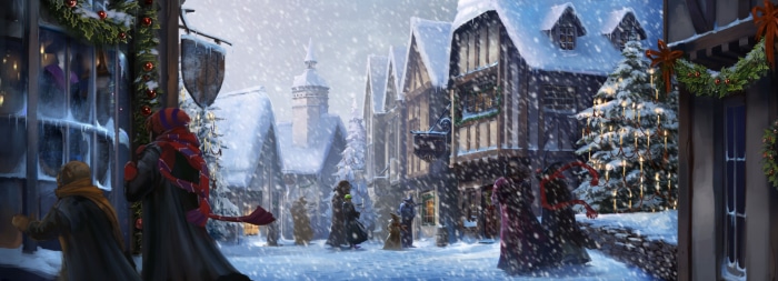Hogsmeade Village in Winter with Christmas Decorations