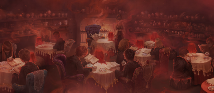 Sybill Trelawney and students in Harry Potter setting