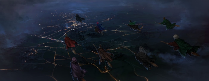 Harry Potter characters flying on broomsticks over a nighttime city