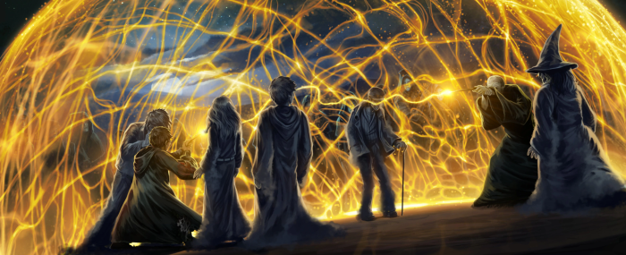 Harry Potter and Tom Riddle in a magical duel