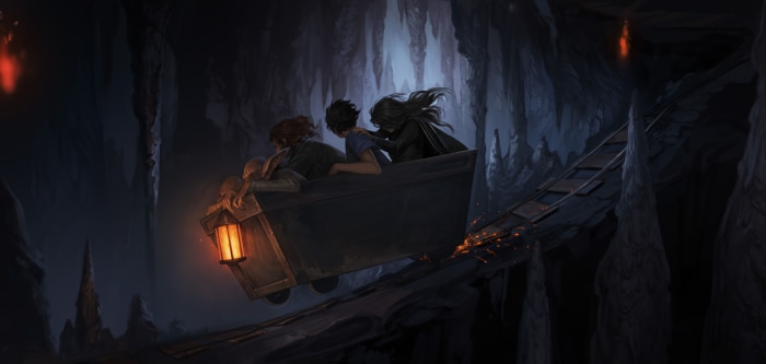 Harry Potter characters in a minecart in Gringotts
