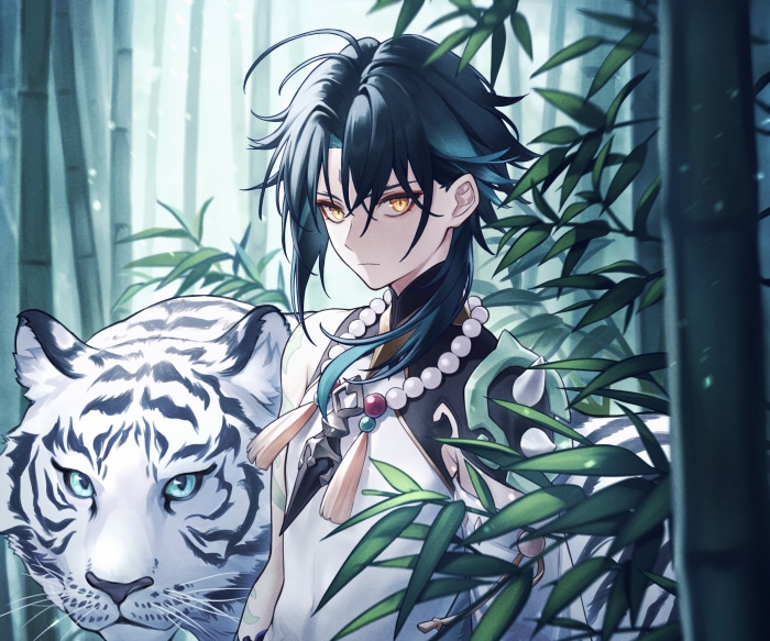Xiao with a white tiger in a bamboo forest