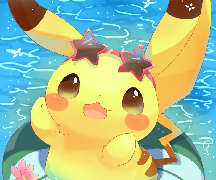 Pikachu wearing star sunglasses in water