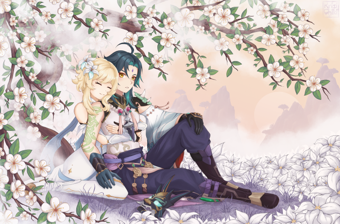 Lumine and Xiao from Genshin Impact under cherry blossoms