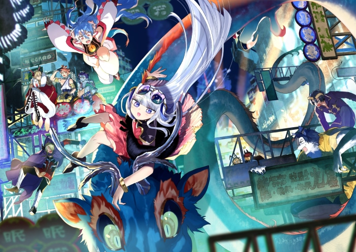Characters on a dragon in a neon city