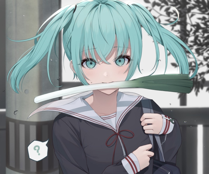 Hatsune Miku holding a leek in her mouth