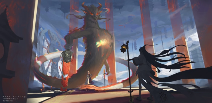 Nian and Ling from Arknights fighting a dragon