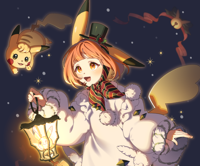 Pikachu and girl in winter attire with lantern