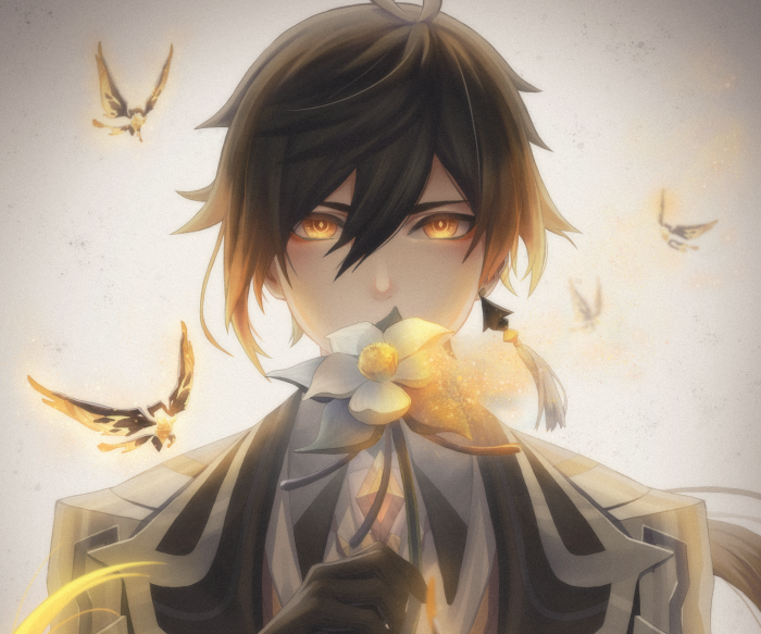 Zhongli from Genshin Impact with glowing butterflies