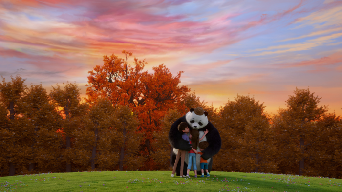 Stillwater and children hugging in a forest at sunset
