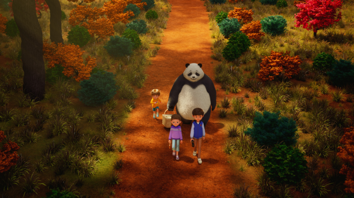 Panda and children walking on a path