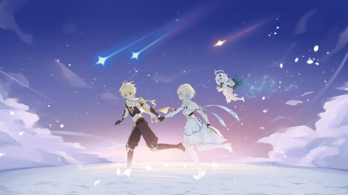 Aether, Lumine, and Paimon from Genshin Impact under shooting stars