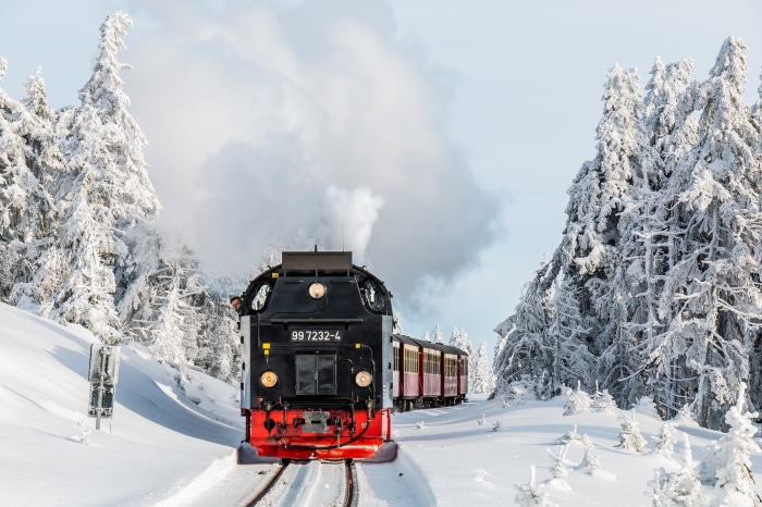 Steam train in a snowy forest
