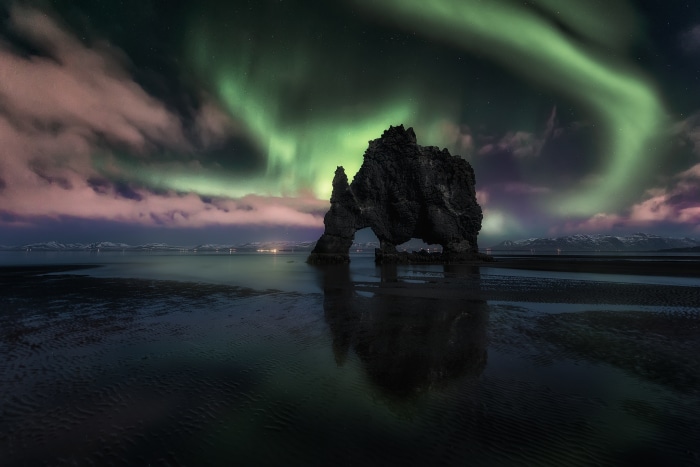 Hvitserkur rock formation under Aurora Borealis