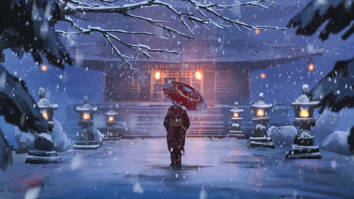 Fantasy Geisha in Snowfall with Oriental Temple