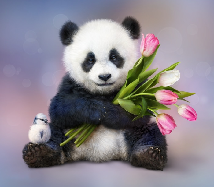 Baby Panda Holding Tulips with a Bird