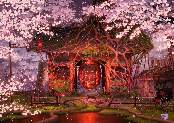 Fantasy Oriental Gate with Cherry Blossoms