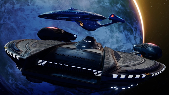 U.S.S. Harland and Excelsior-class starship in space