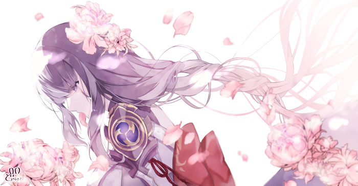 Raiden Shogun from Genshin Impact with flowers