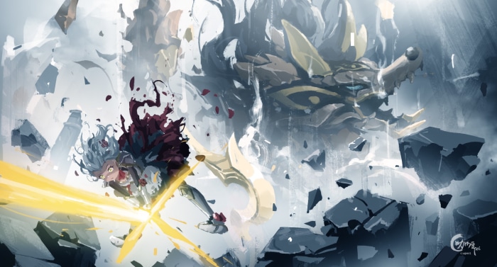 Noelle from Genshin Impact fighting a dragon