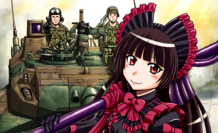 Rory Mercury and soldiers with a tank