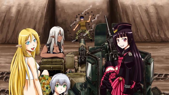 GATE: Rory Mercury, Lelei la Lalena, Tuka Luna Marceau, and Itami with a machine gun