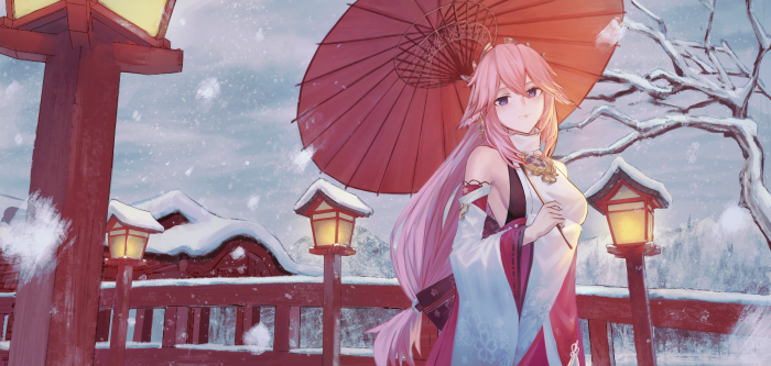 Yae Miko from Genshin Impact with umbrella in snow