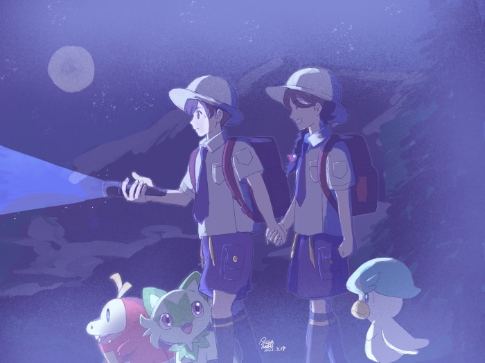 Two children with Pokémon in the moonlight