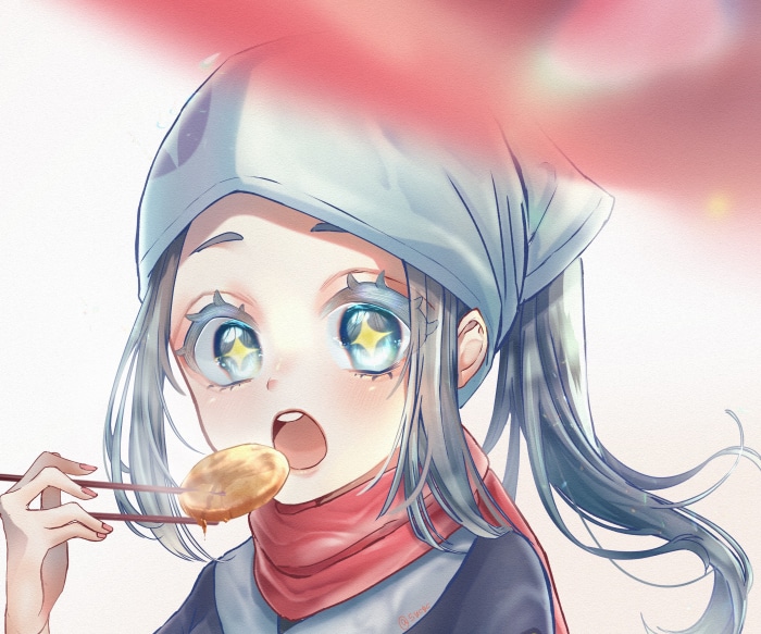 Akari from Pokémon Legends: Arceus eating food
