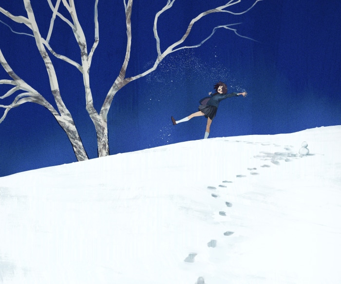 Girl throwing snow under a tree