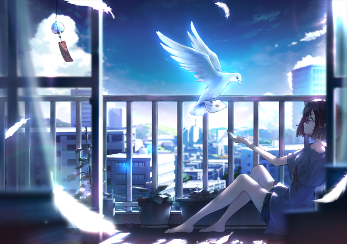 Girl on balcony with a dove carrying a letter