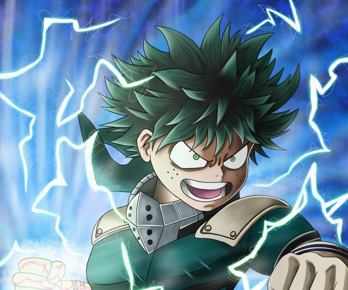 Izuku Midoriya from My Hero Academia with lightning