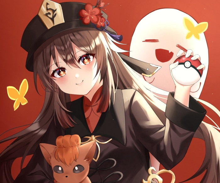 Hu Tao from Genshin Impact with Vulpix and a ghost