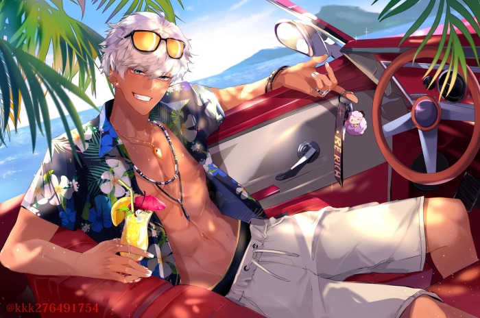Mammon from Obey Me! Shall We Date? in a car