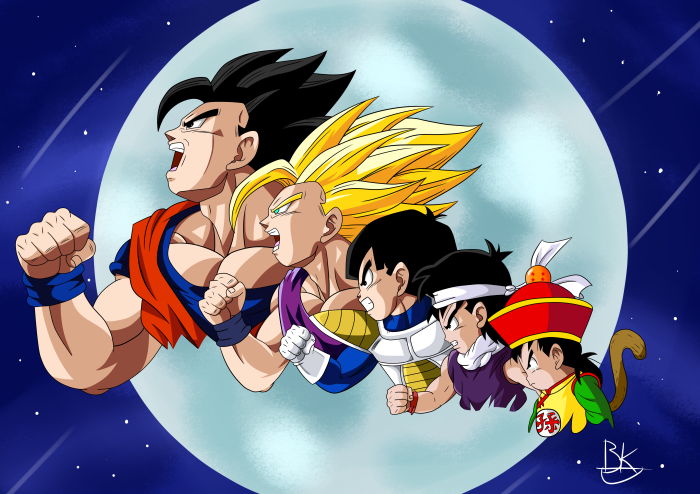Dragon Ball Z characters flying in front of moon