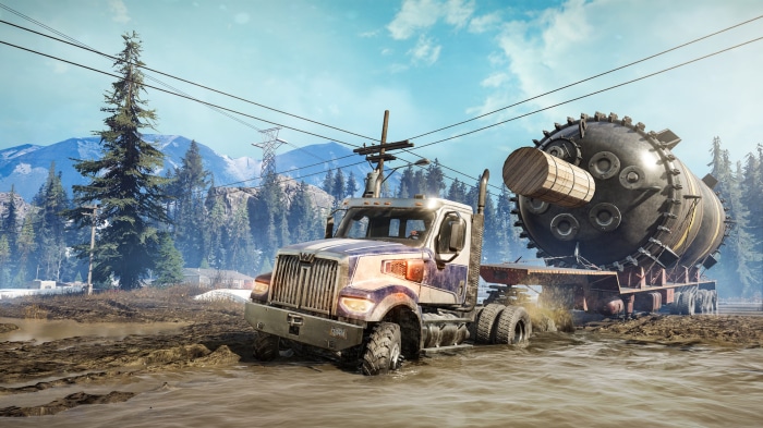 SnowRunner truck carrying large industrial tank through mud