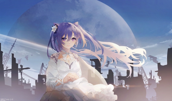 Keqing from Genshin Impact in a white dress