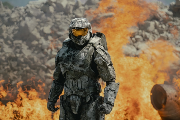 Master Chief from Halo in a fiery landscape