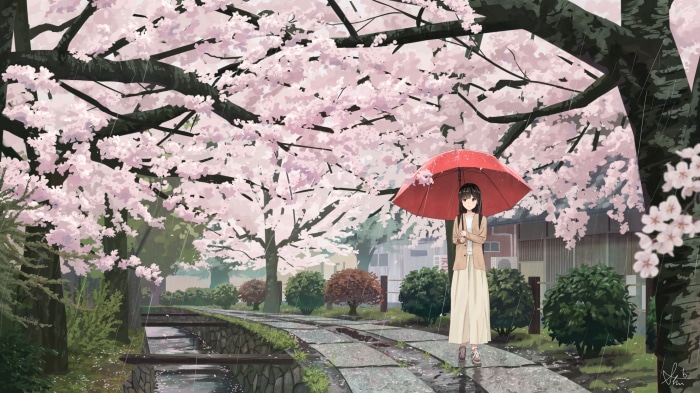 Girl with umbrella under cherry blossoms in rain