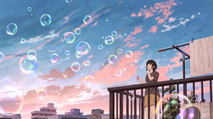 Girl blowing bubbles on a balcony 4K