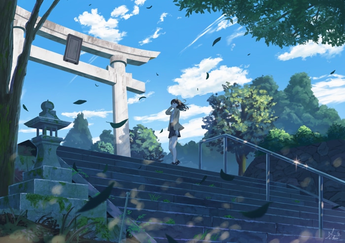 Girl standing on stairs at a shrine