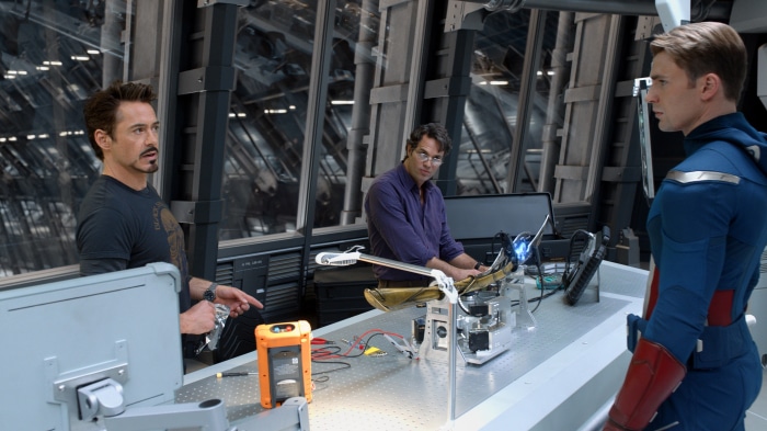 Tony Stark, Bruce Banner, and Captain America in a lab