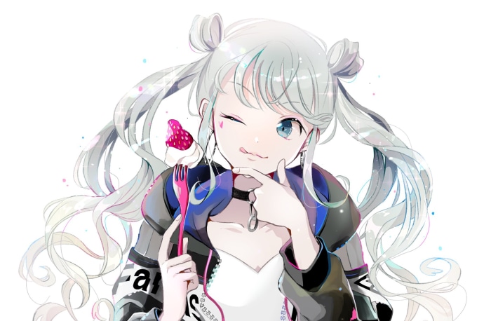 Hatsune Miku eating a strawberry dessert