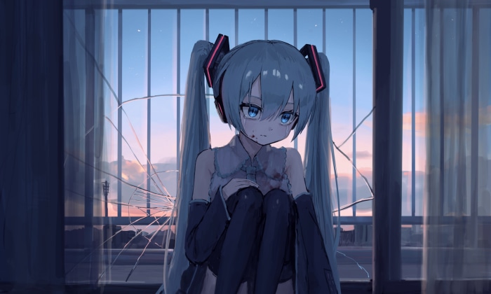 Hatsune Miku sitting by a broken window at sunset