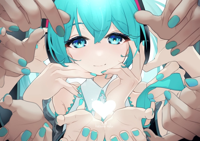 Hatsune Miku surrounded by hands holding a heart