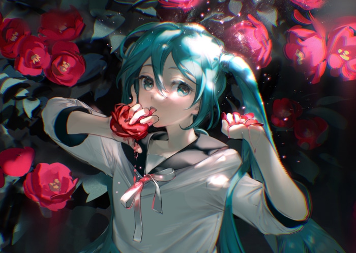 Hatsune Miku with red roses