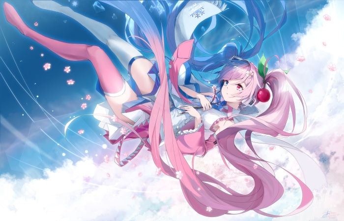 Sakura Miku in Flowing Cherry Blossom Scene