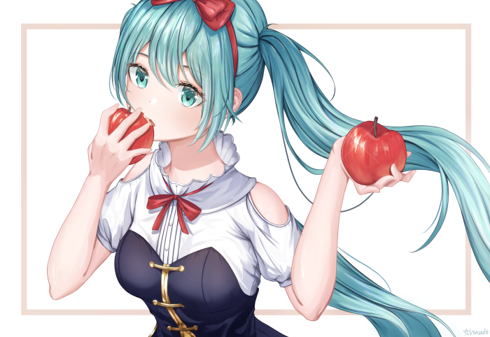 Hatsune Miku from Vocaloid eating an apple